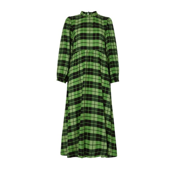 KITRI Elsa Frill Neck Green Check Midi Dress Size 2 - Picture 3 of 6